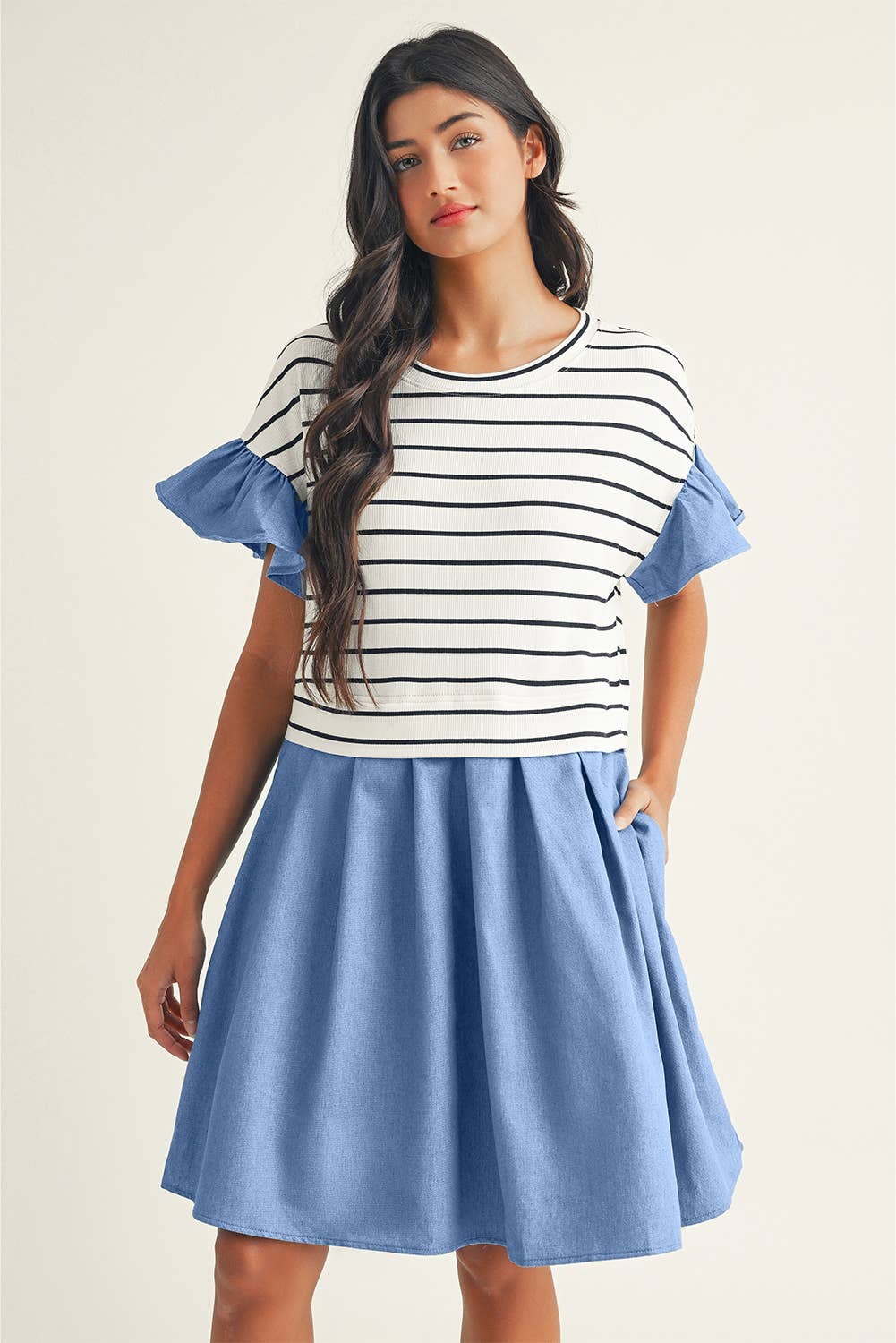 Stripe Ruffle Denim Patchwork Round Neck Mini Dress