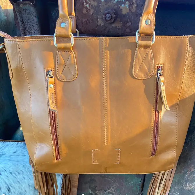 Womens Cowhide and Tooled Leather Fringe Tote Purse