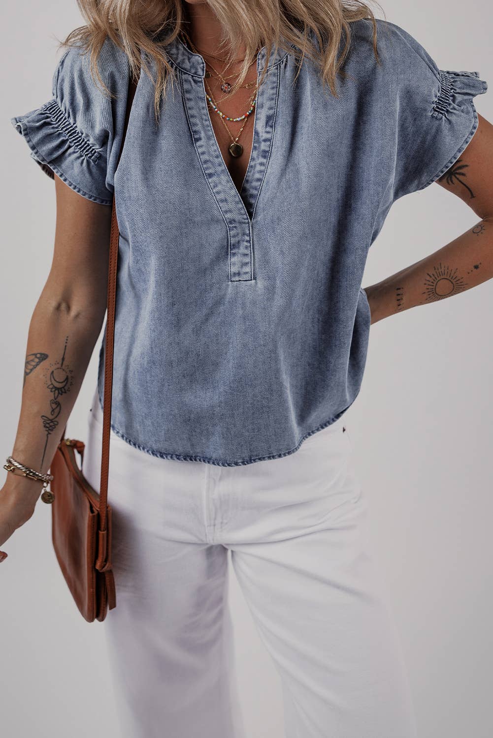 Ruffled Short Puff Sleeve Denim Top