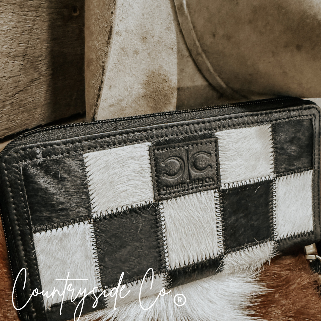 Checkered Cowhide Womens Wallet Wristlet Trendy: Brown
