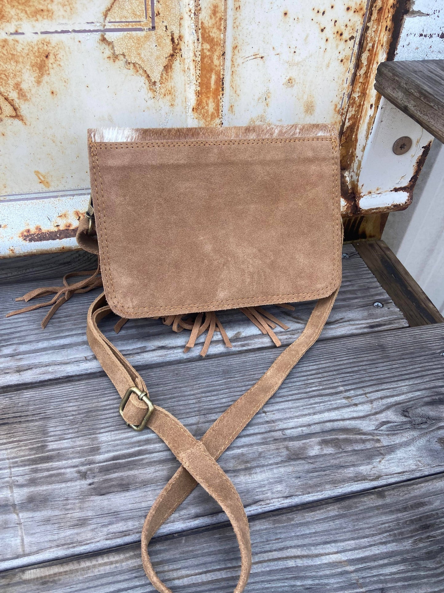 Sadie Cowhide and Tan Suede Fringe Western Purse, Crossbody