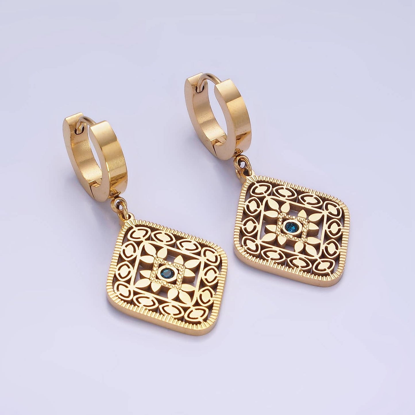Stainless Steel Blue CZ Flower Filigree Drop Earrings