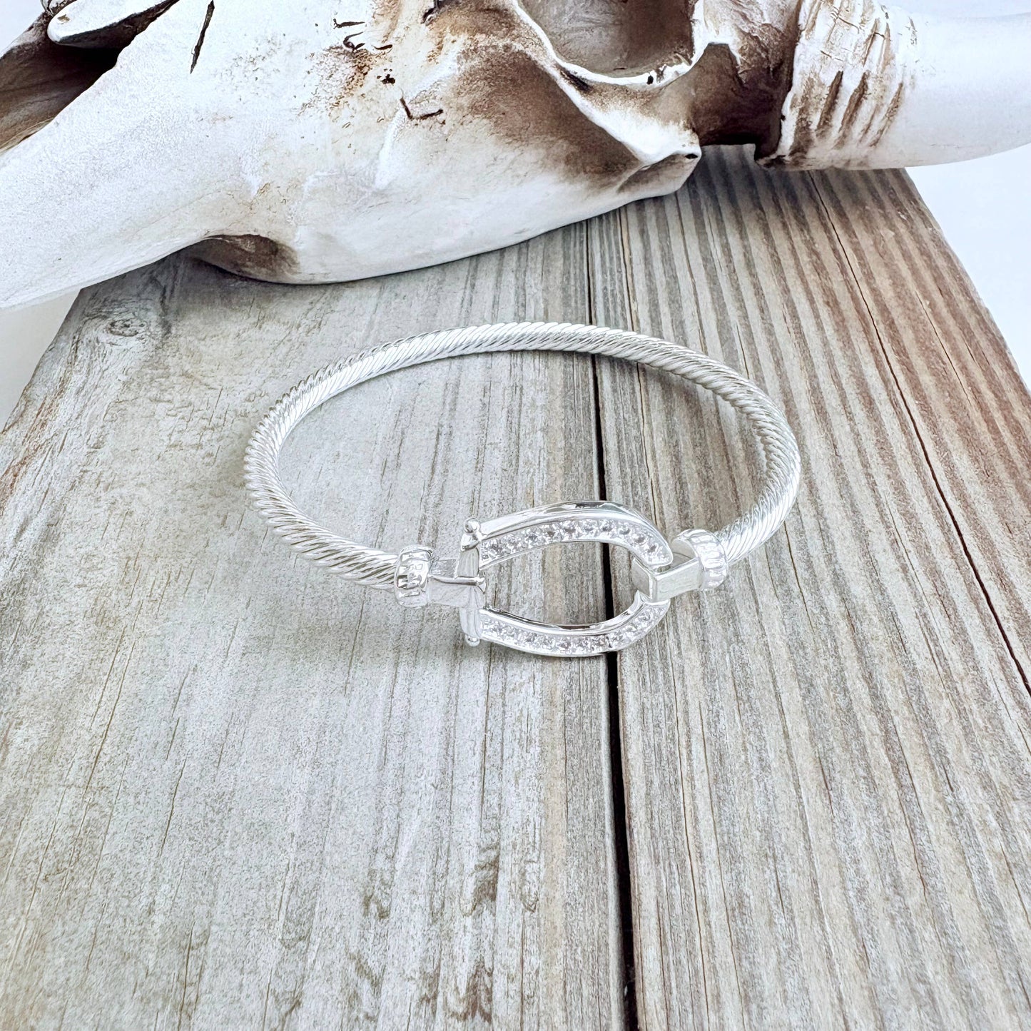Western Horseshoe Groove Rhinestone Cable Bangle Bracelet