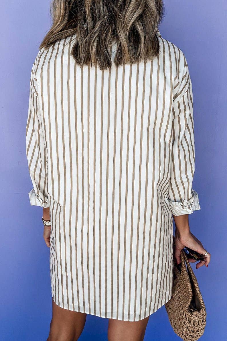 Khaki Stripe Buttoned Mini Shirt Dress