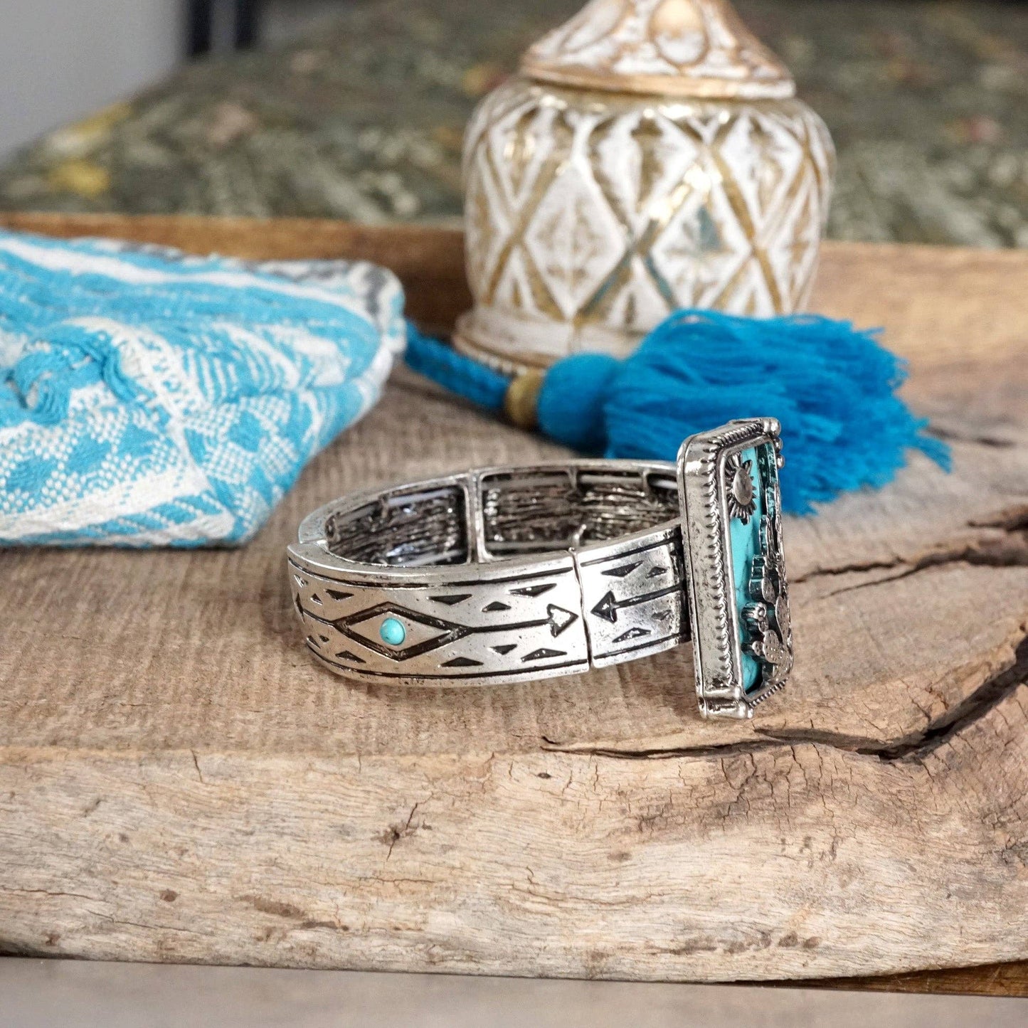 Western Cactus Statement Bangle Bracelet – Silver & Turquoise