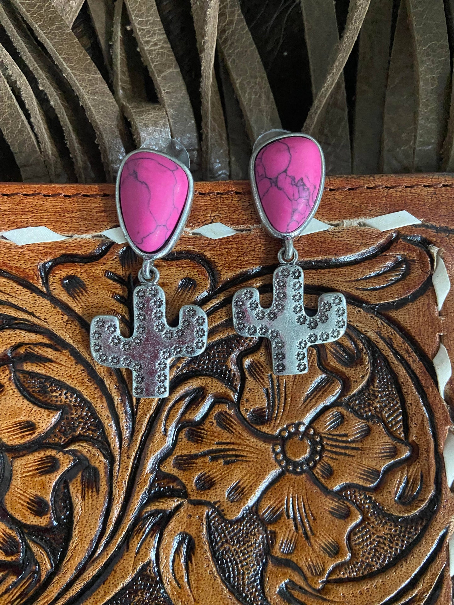 Western Silver Cactus Earrings Trendy 3 Colors: Turquoise