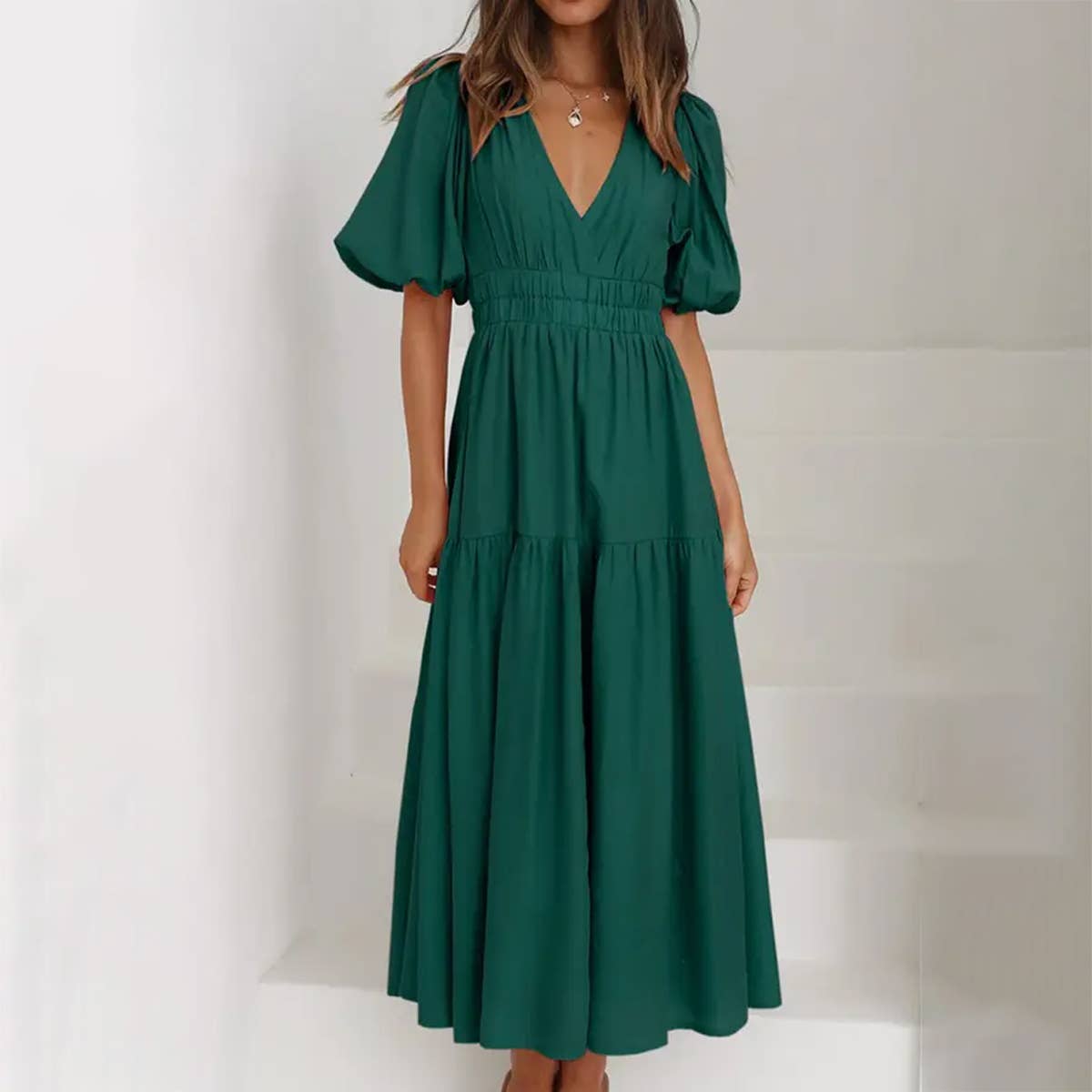 SOLID COLOR DARK V LANTERN SLEEVE DRESS