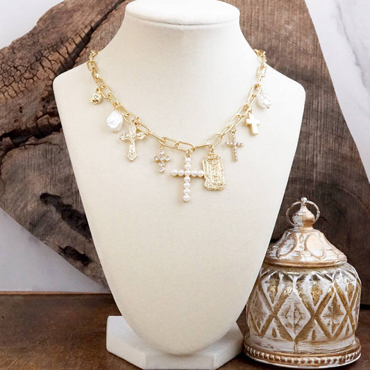 Radiant Faith – Mixed Charm Cascade Necklace in Gold Tone