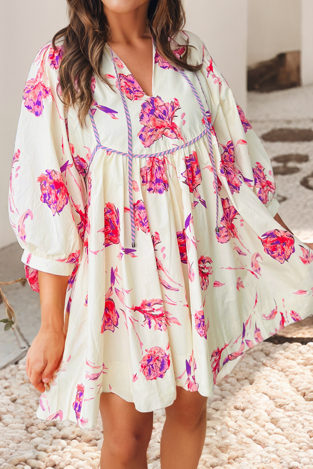 Floral Print Balloon Sleeve V Neck Babydoll Mini Dress