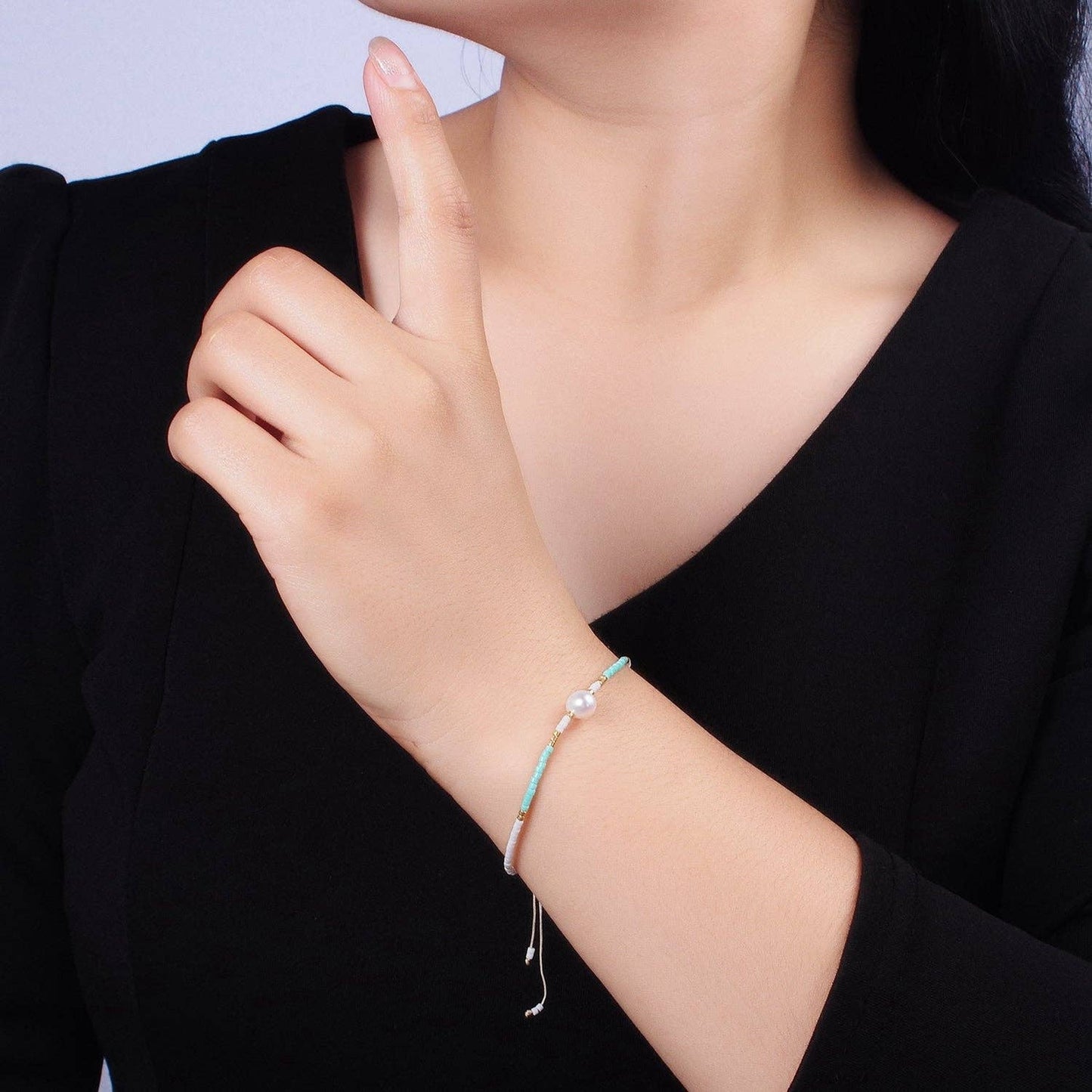 Dainty Shell Pearl Cord Bracelet Turquoise White Gold Cylind