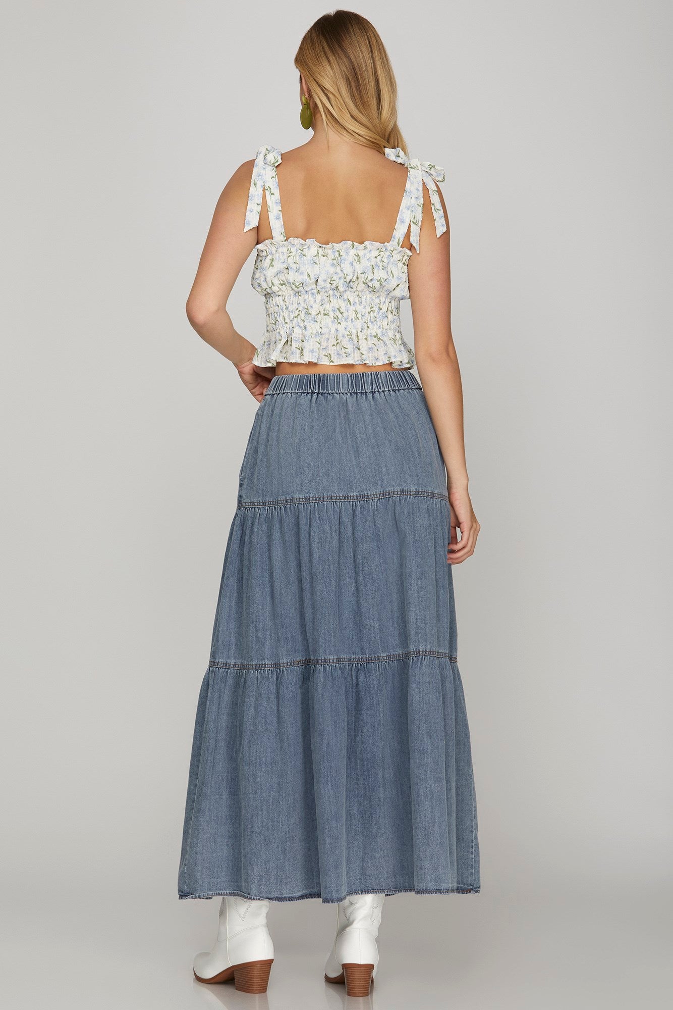 Tiered Denim Maxi Skirt