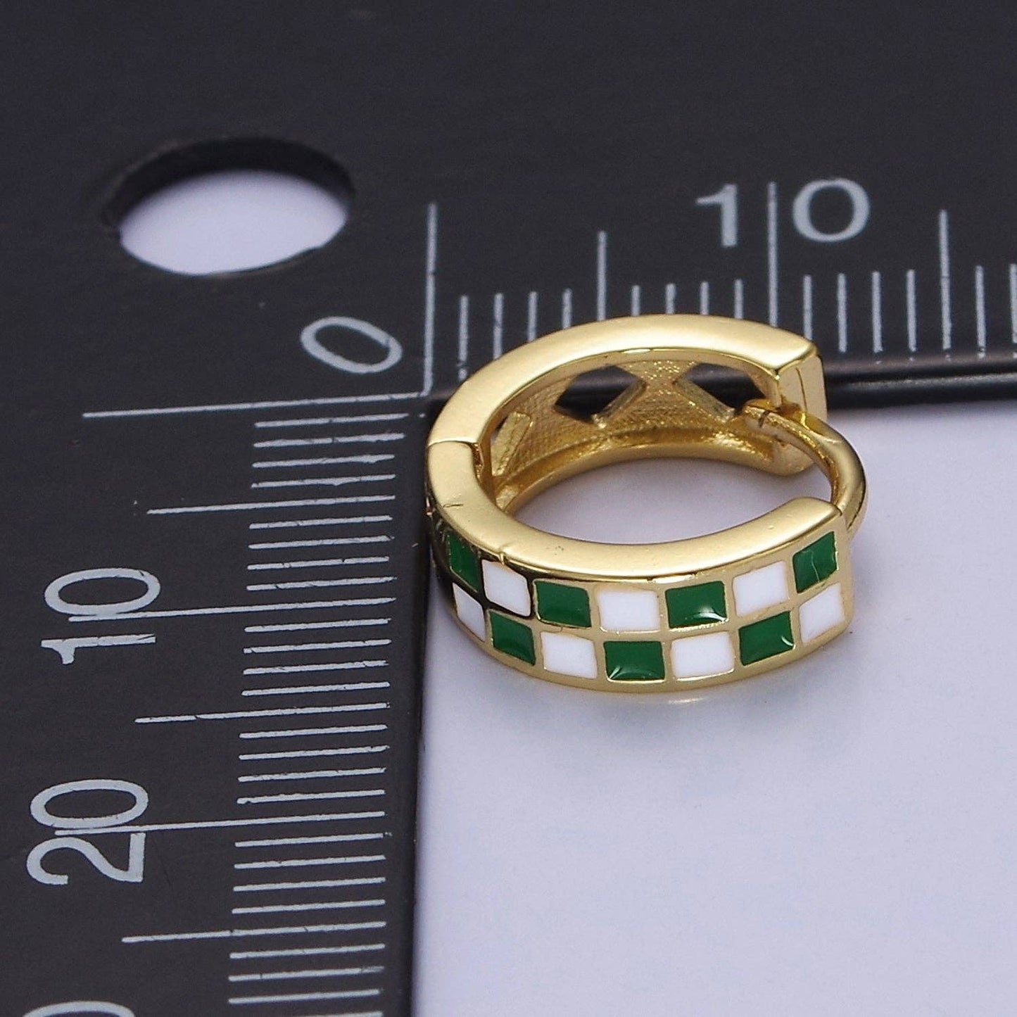 24K Gold Filled Enamel Checker Hoops Earring Retro Gold Hugg: Green