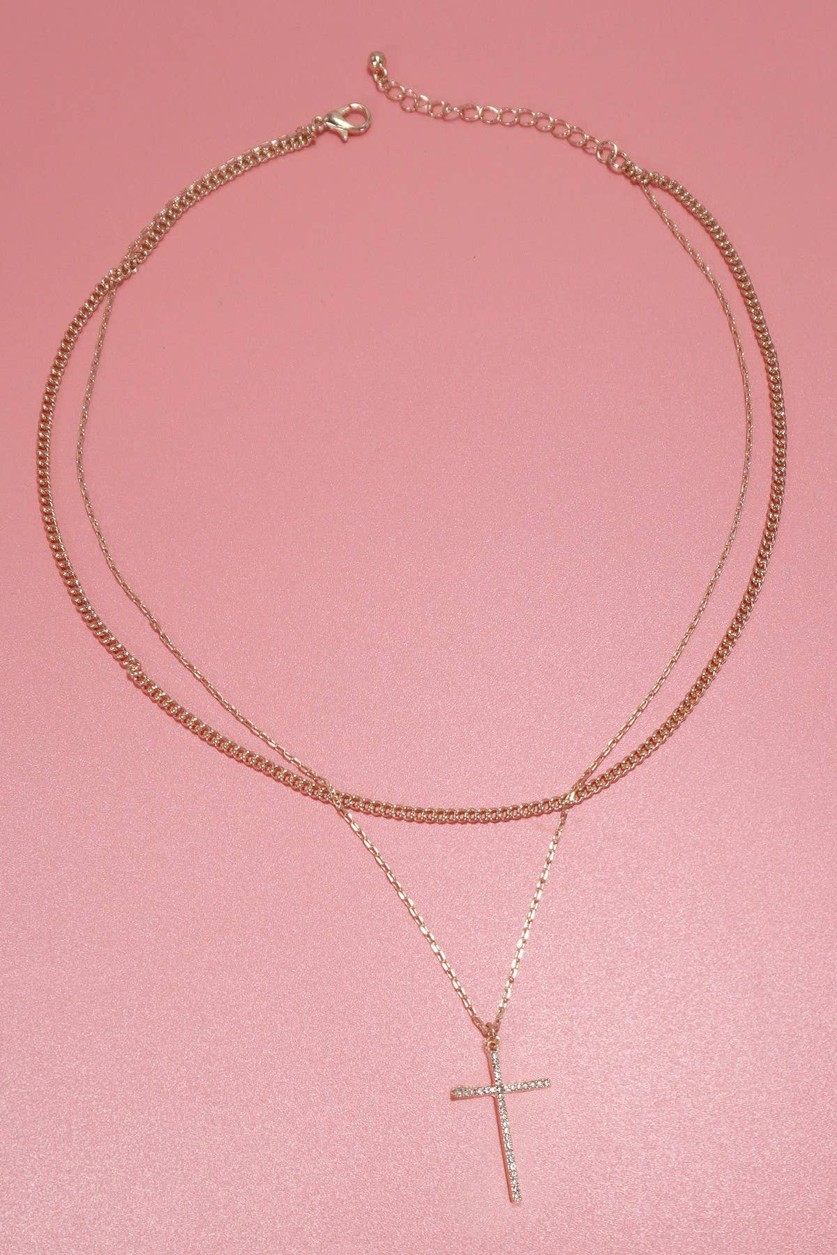 DOUBLE LAYER RHINESTONE CROSS CHARM NECKLACE