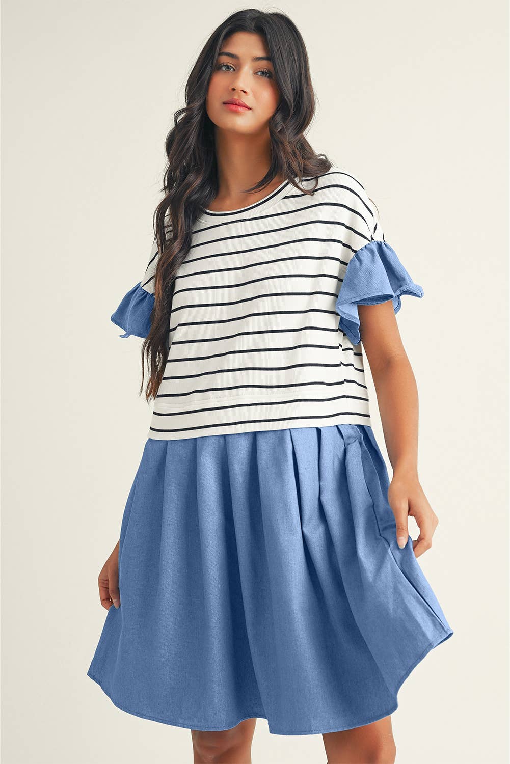 Stripe Ruffle Denim Patchwork Round Neck Mini Dress
