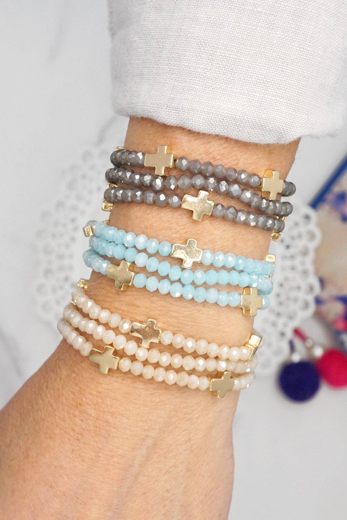 Mini Sideways Cross Bracelet stack Glass and gold metal beads: Black