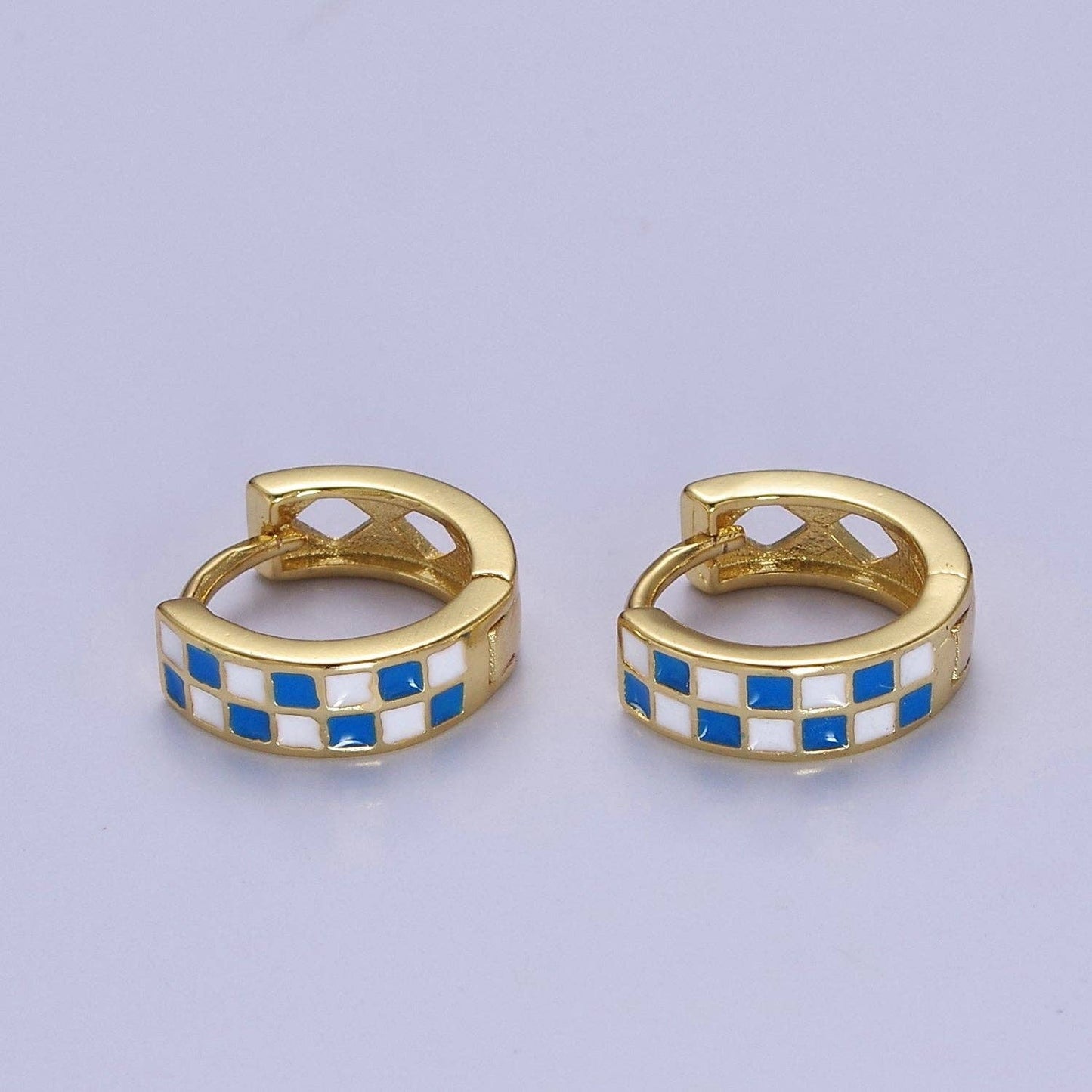 24K Gold Filled Enamel Checker Hoops Earring Retro Gold Hugg: Green