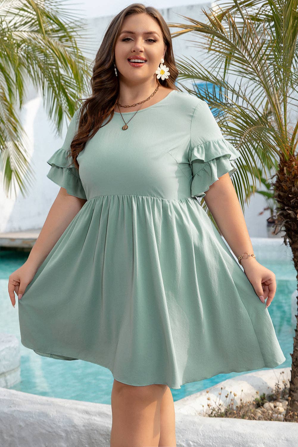 Plus Size Grass Green Ruffle Trim Short Sleeve Flared Mini Dress