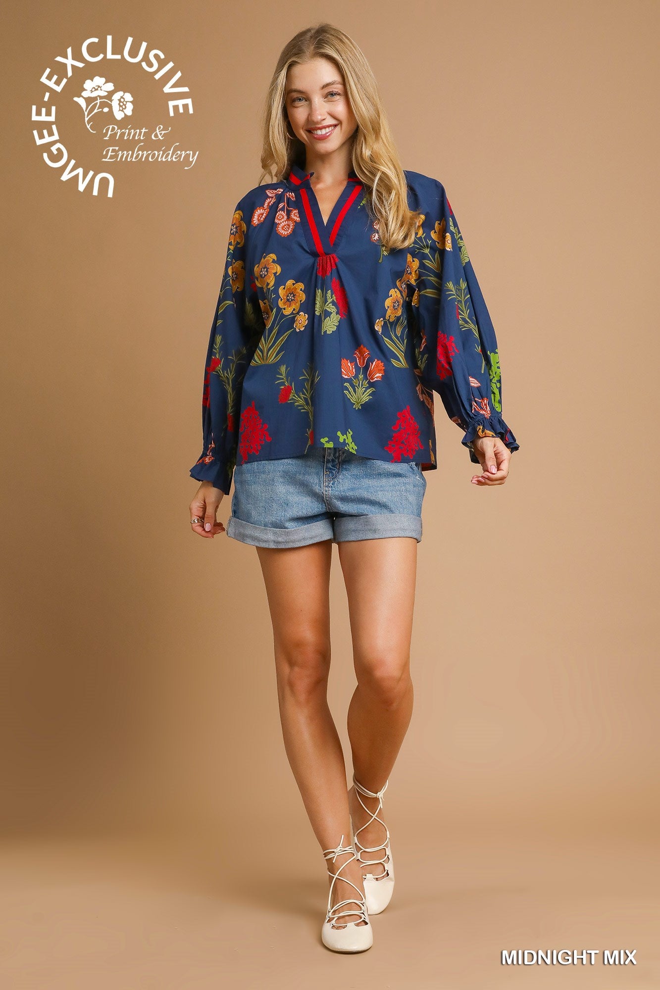 Floral Print V Neck Open Collar Top
