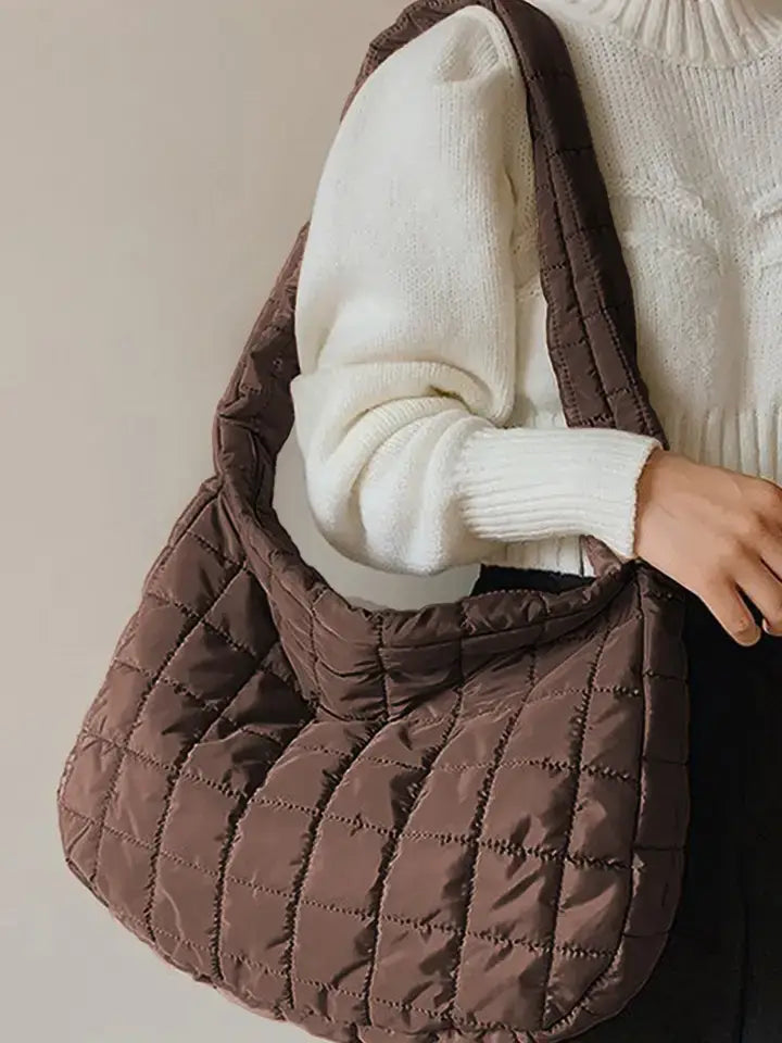 Large Quilted Zipper Shoulder Bag: Light French Beige / 100%Polyester / ONE SIZE