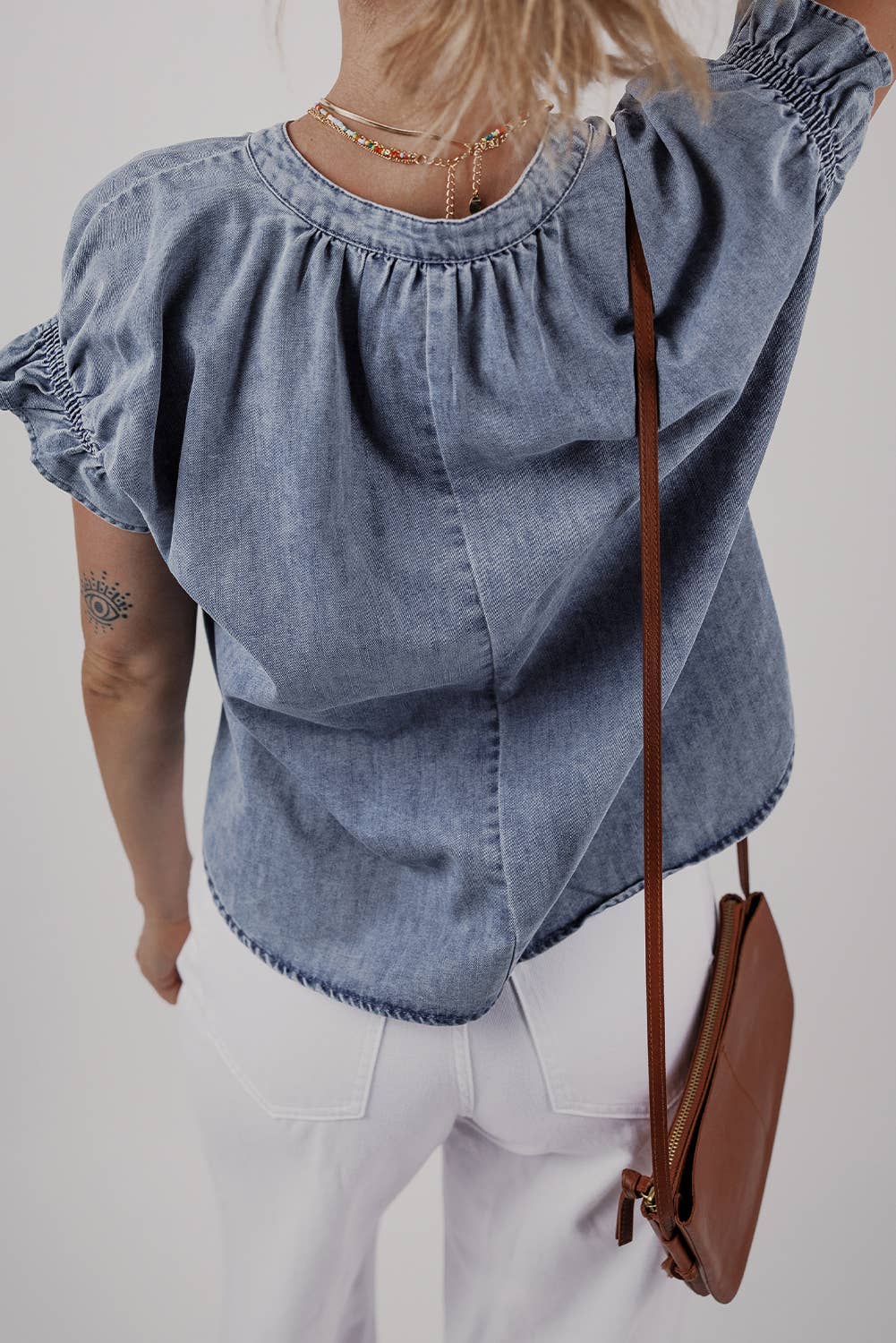 Ruffled Short Puff Sleeve Denim Top