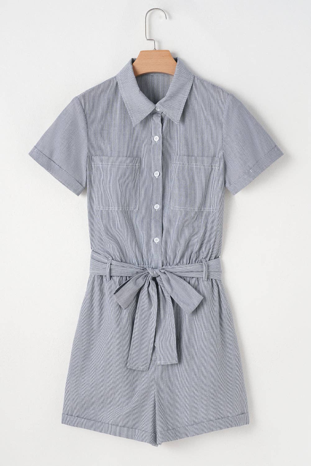 Blue Stripe Belted High Waist Romper