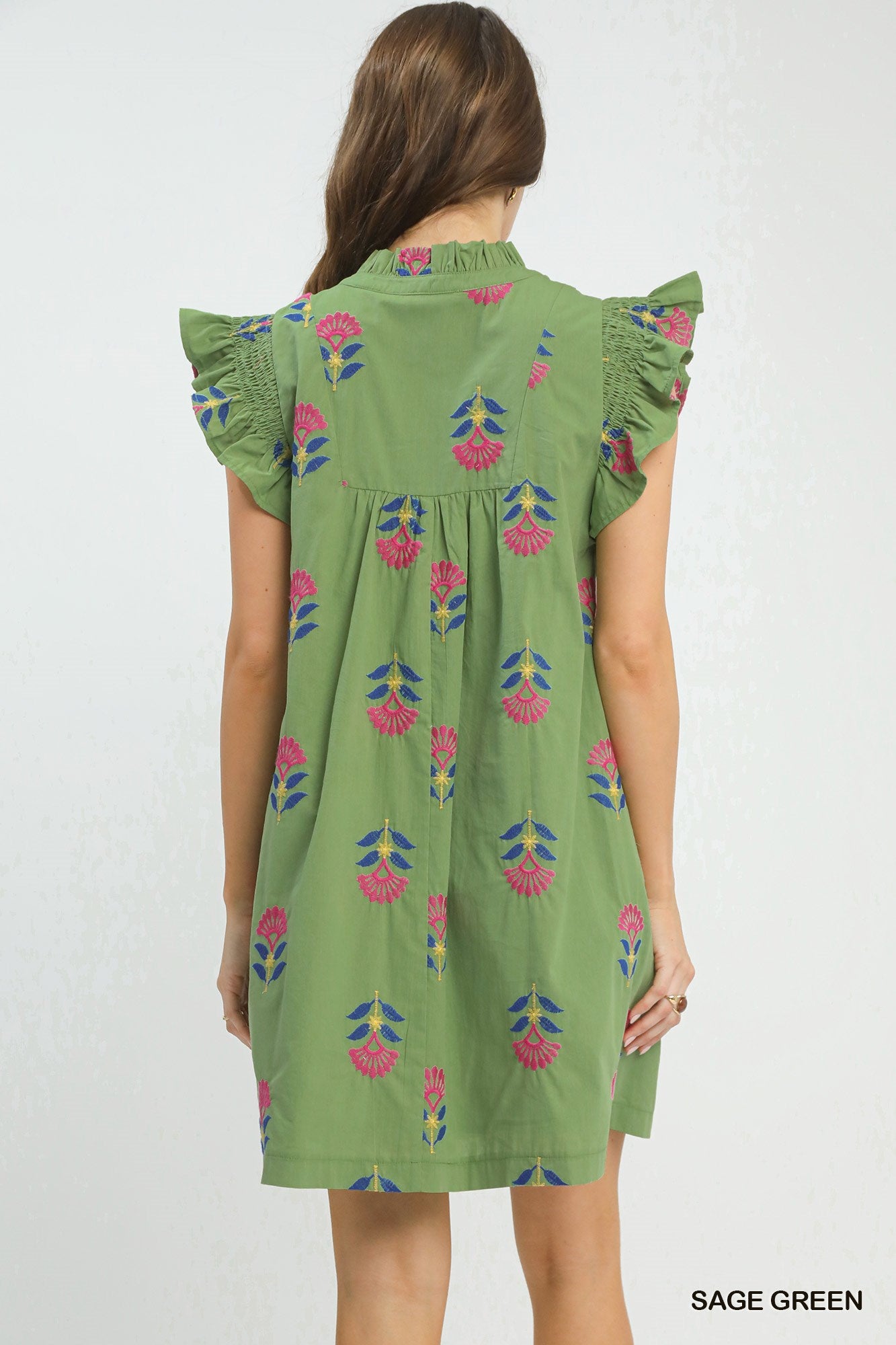 Sage Bloom Embroidered Mini Dress