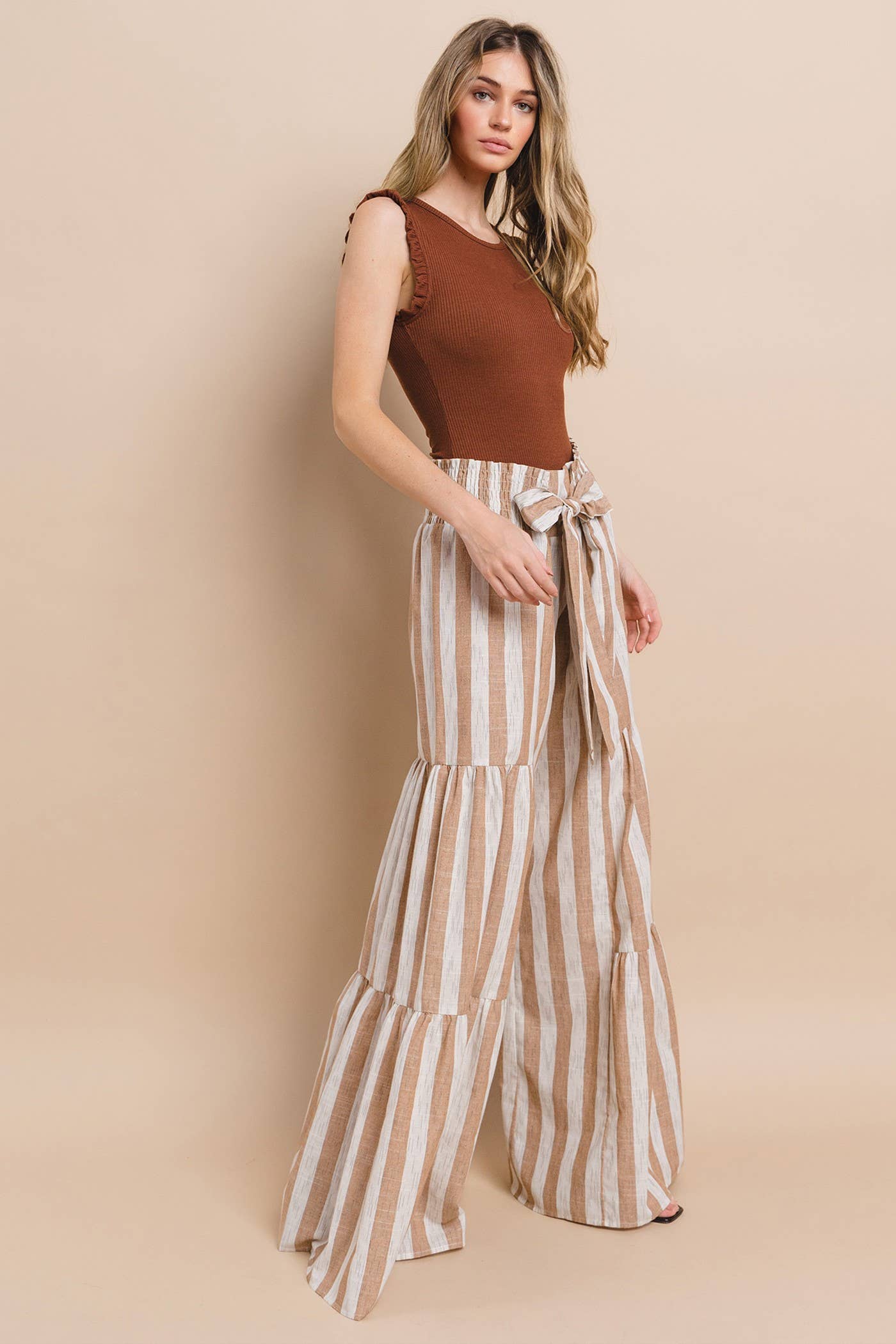 STRIPED LINEN PALAZZO PANTS - TAUPE 2314: NATURAL/TAUPE / L