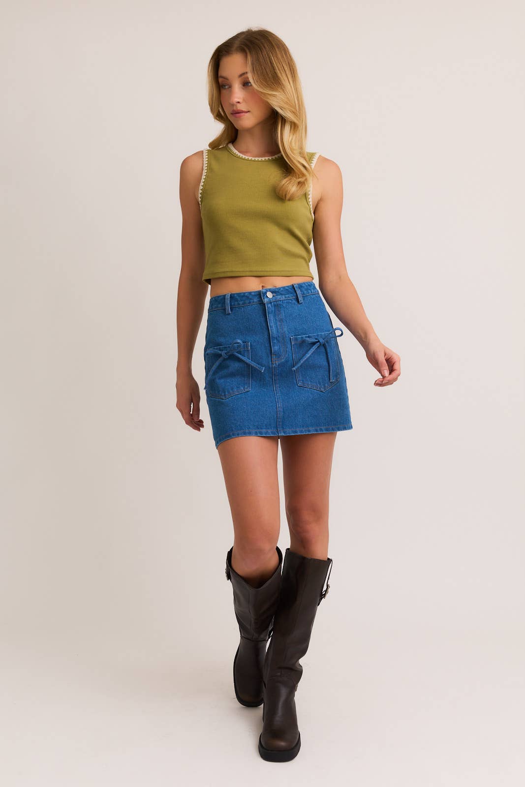 BOW DETAIL HIGH WAIST DENIM SKIRT