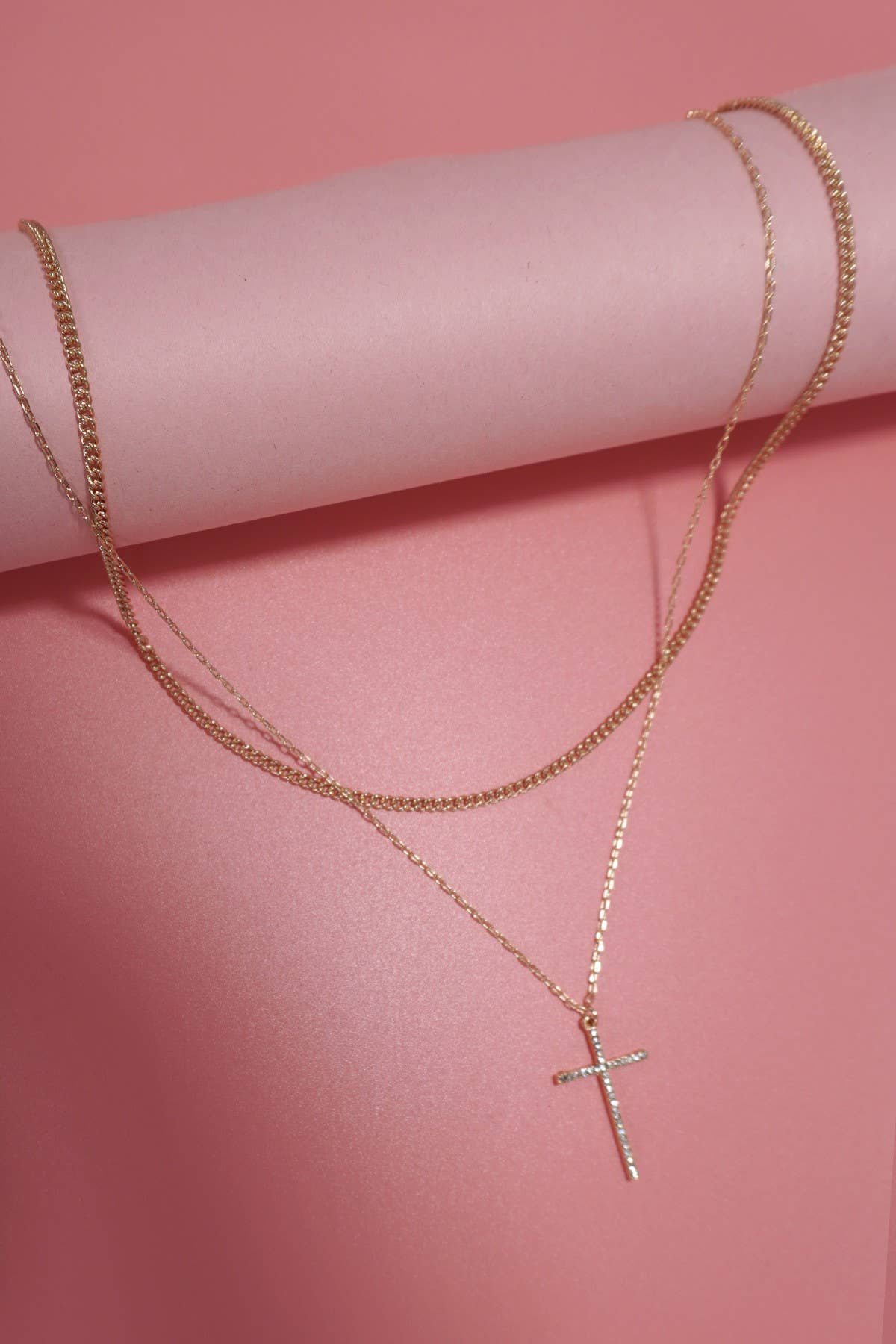 DOUBLE LAYER RHINESTONE CROSS CHARM NECKLACE