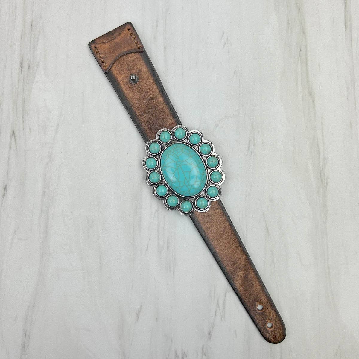 NKZ231226-11 Brown leather with large blue turquoise stone oval concho bracelet: BLUE