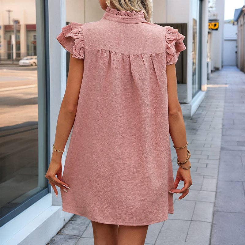 Sleeve Ruffle Trim Ruched Notched Neck Casual Dress