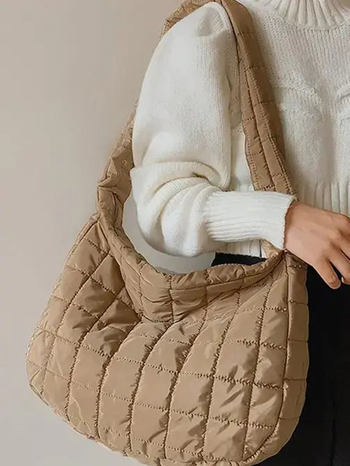 Large Quilted Zipper Shoulder Bag: Light French Beige / 100%Polyester / ONE SIZE