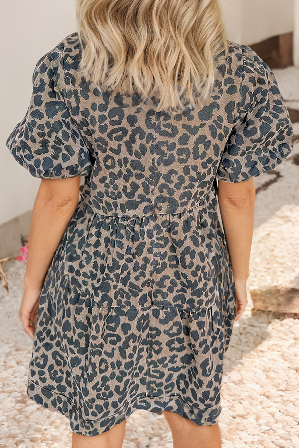 Denim Leopard Printed Short Sleeve Flared Mini Dress