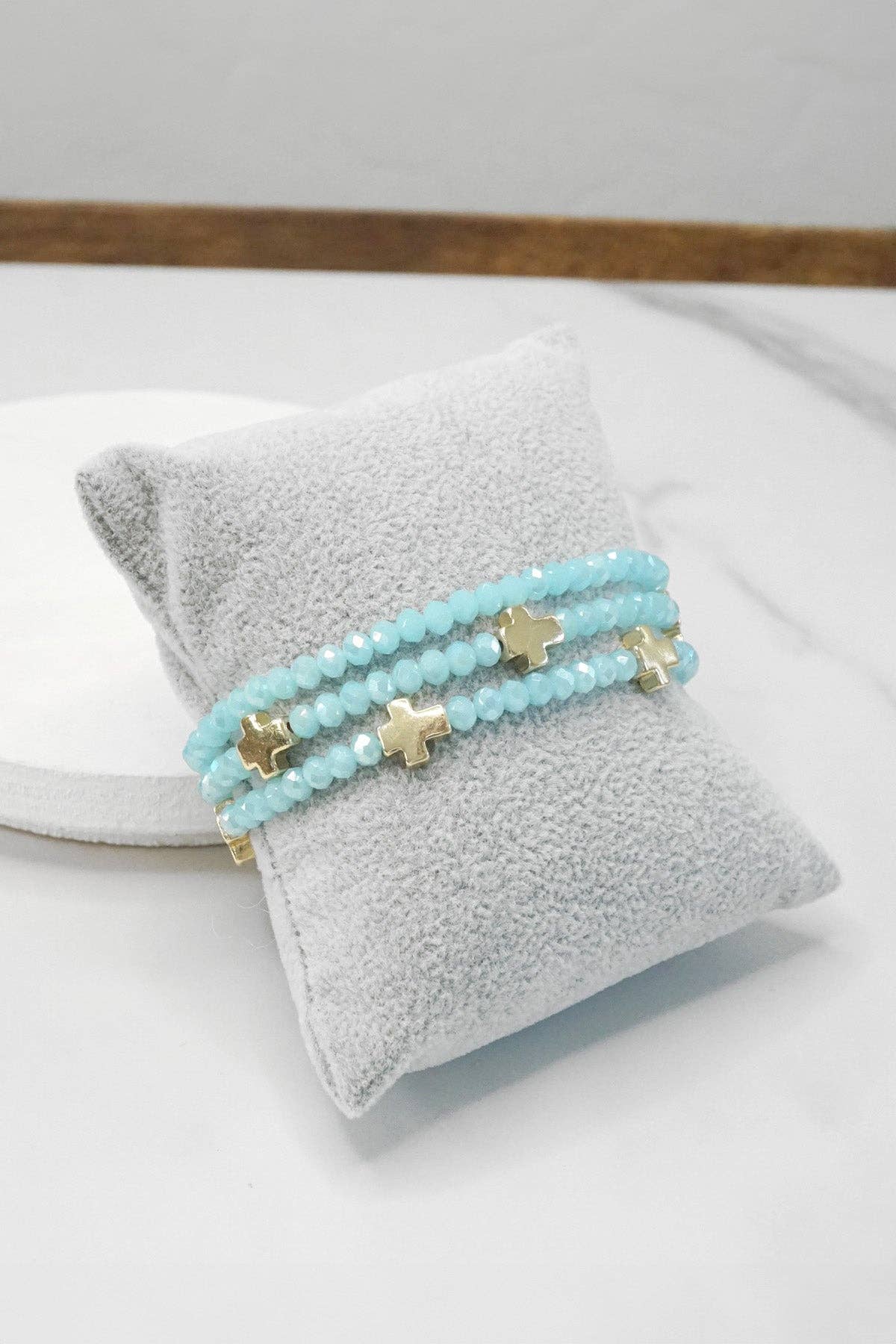 Mini Sideways Cross Bracelet stack Glass and gold metal beads: Black