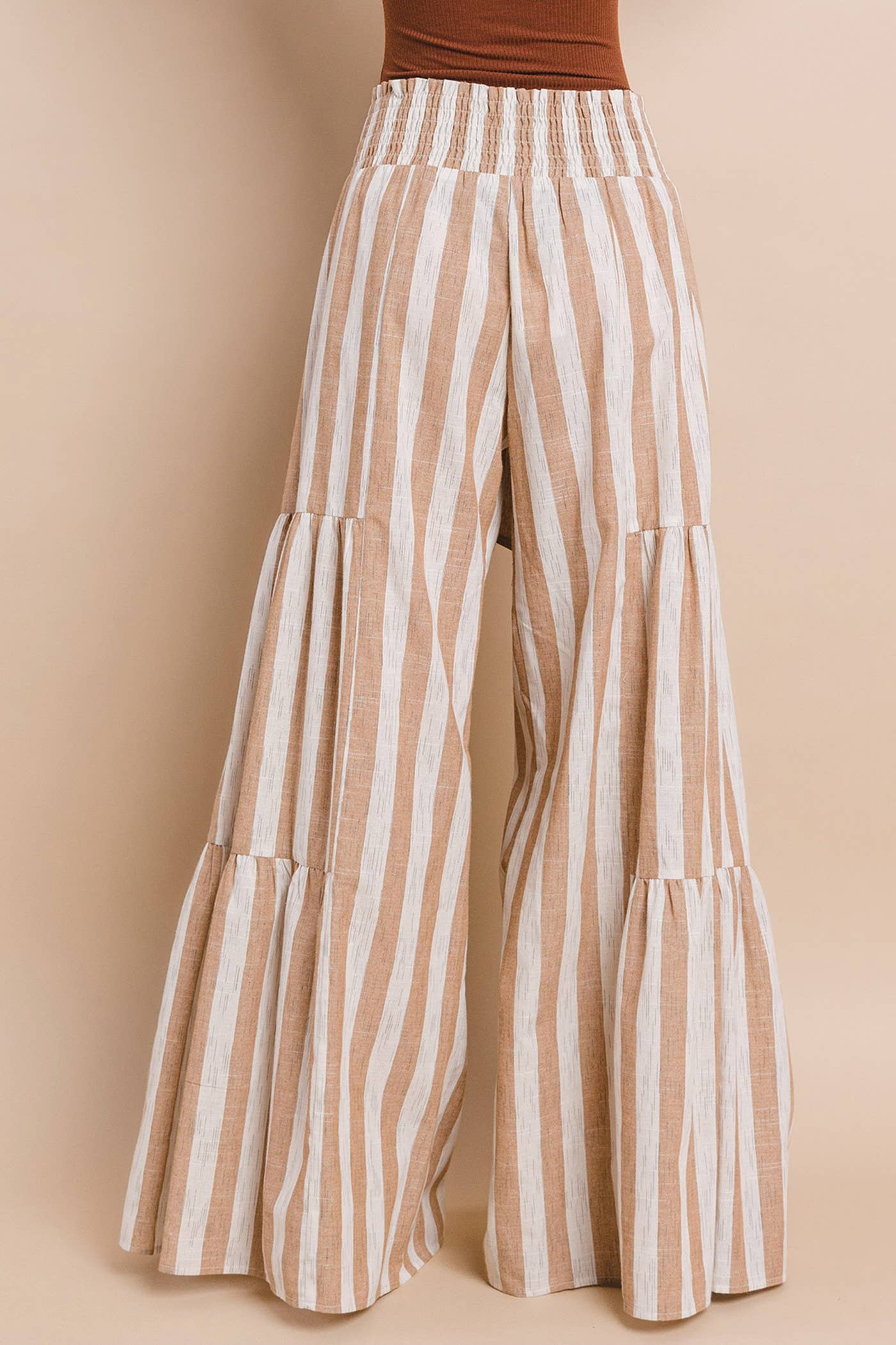 STRIPED LINEN PALAZZO PANTS - TAUPE 2314: NATURAL/TAUPE / L
