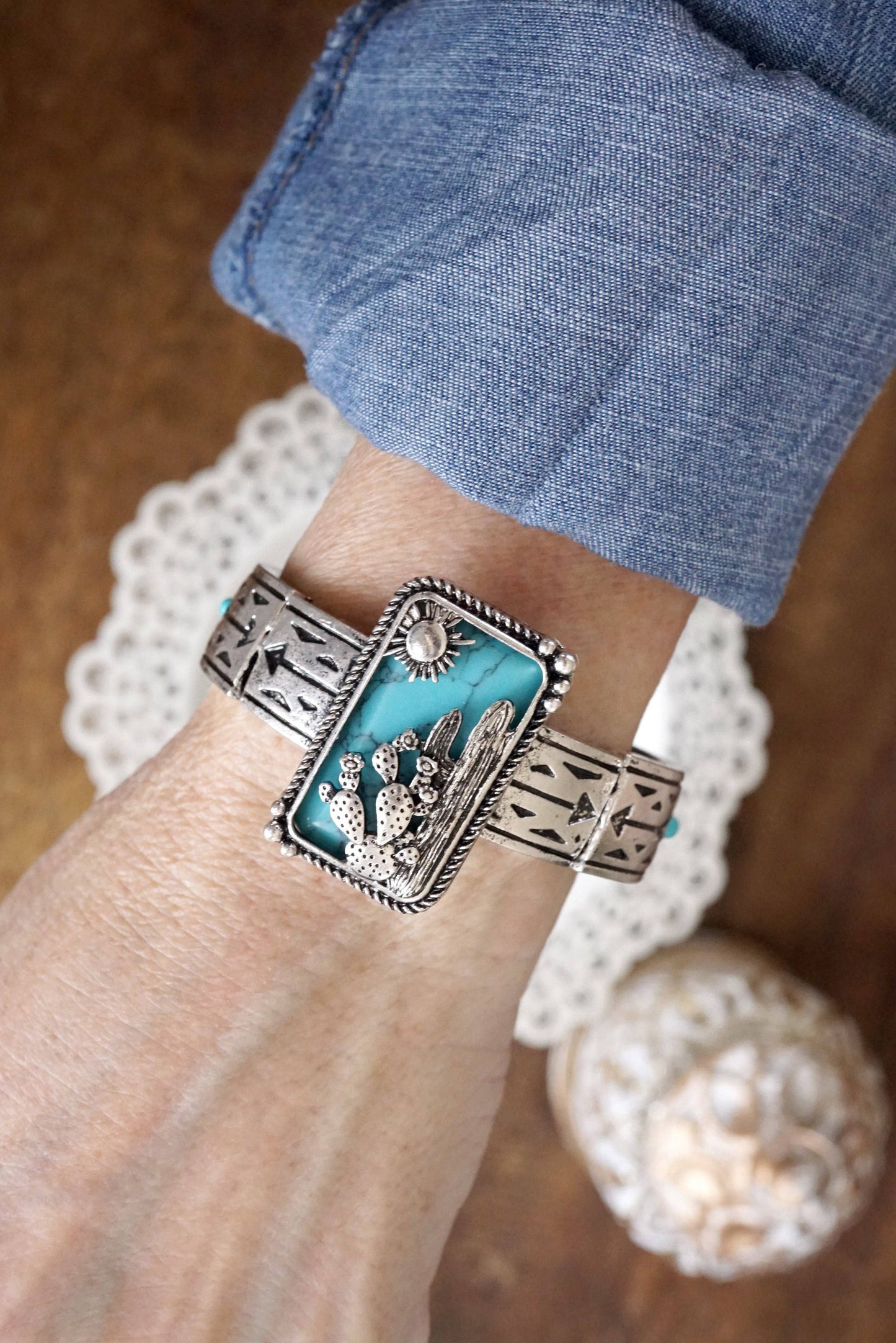 Western Cactus Statement Bangle Bracelet – Silver & Turquoise