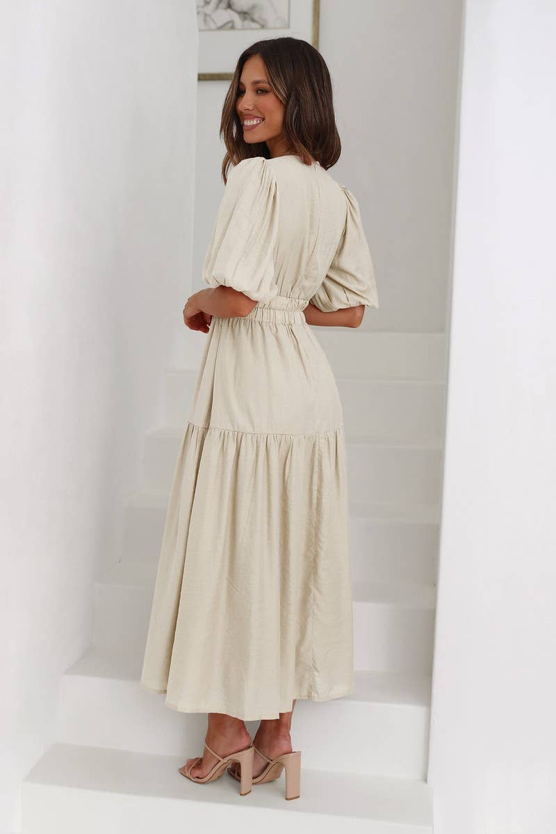 SOLID COLOR DARK V LANTERN SLEEVE DRESS
