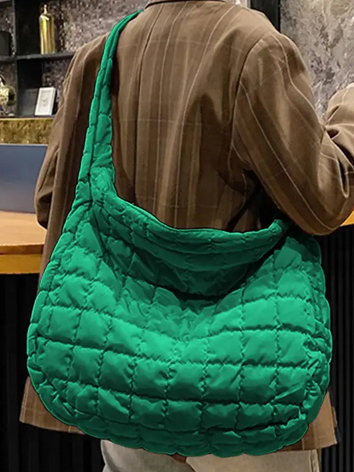 Large Quilted Zipper Shoulder Bag: Light French Beige / 100%Polyester / ONE SIZE