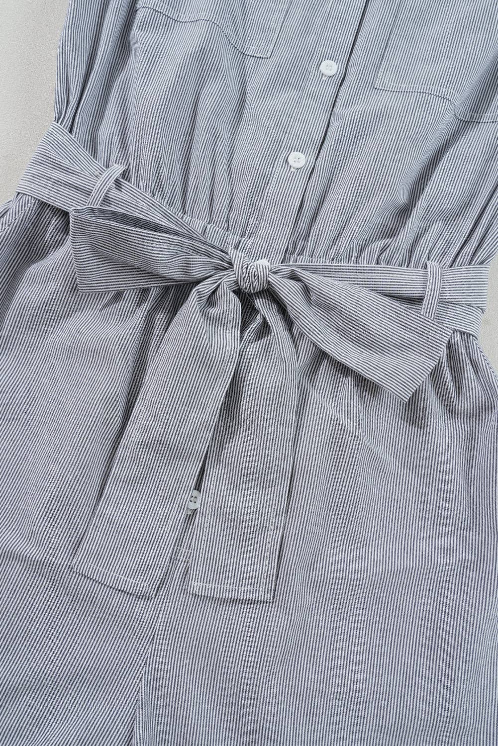 Blue Stripe Belted High Waist Romper