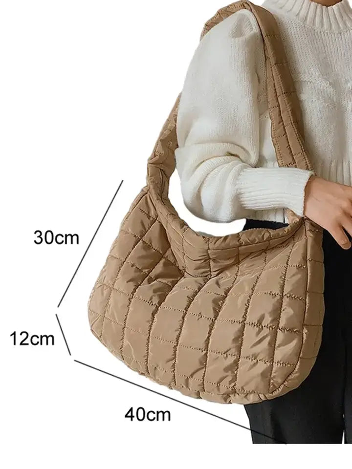 Large Quilted Zipper Shoulder Bag: Light French Beige / 100%Polyester / ONE SIZE