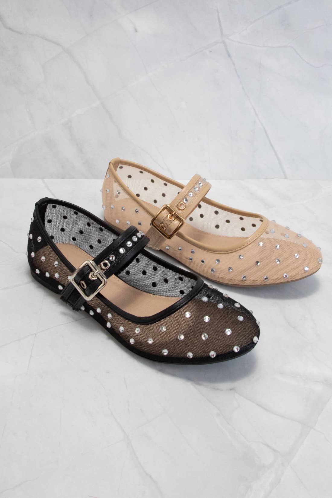 RHINESTONE EMBELLISHED MESH MARY JANE FLATS
