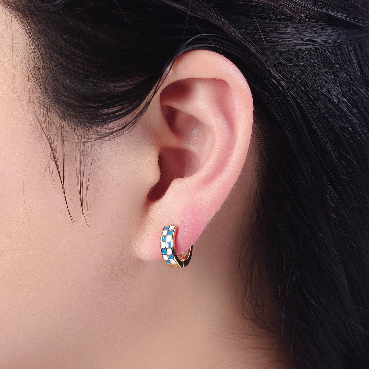24K Gold Filled Enamel Checker Hoops Earring Retro Gold Hugg: Green