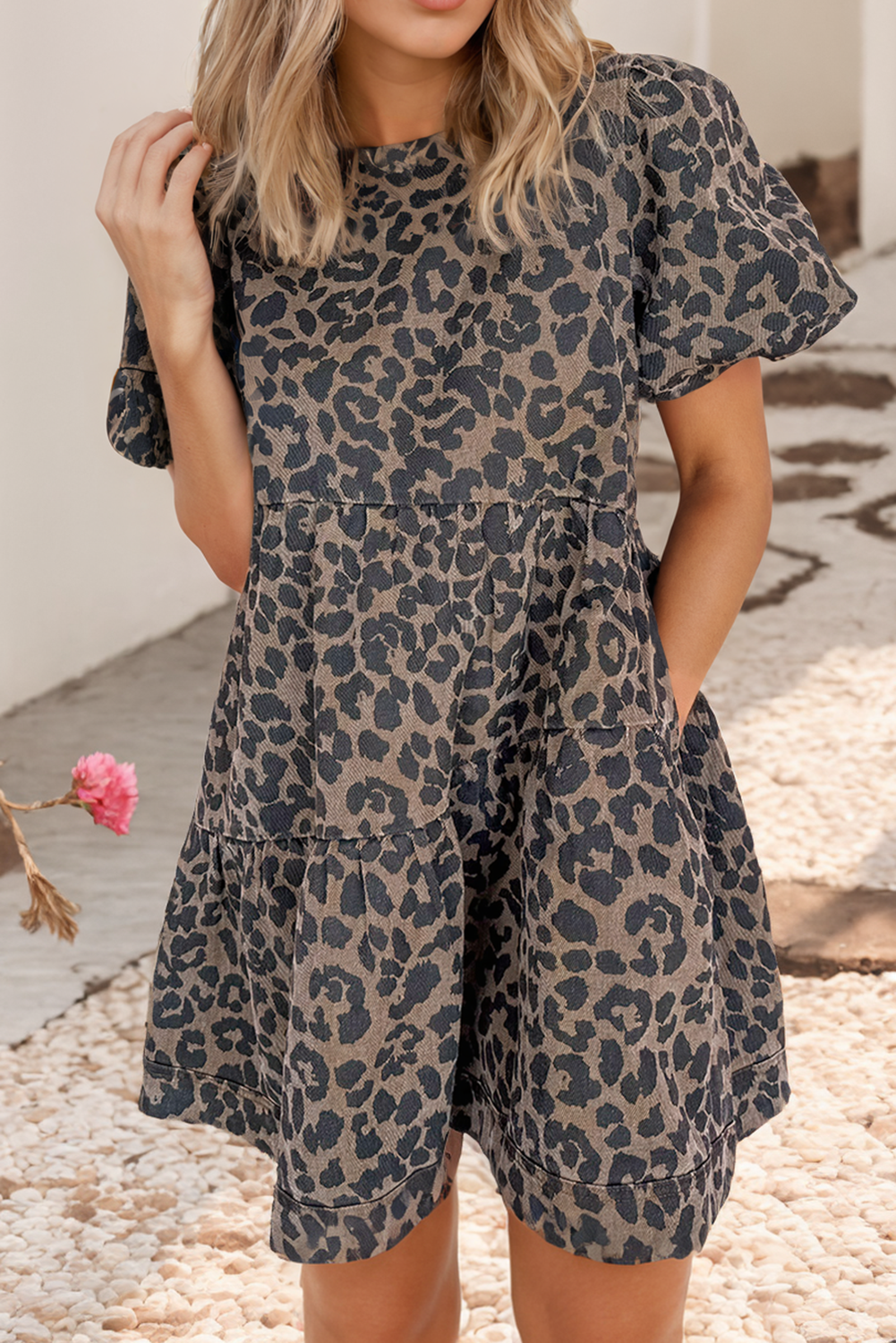 Denim Leopard Printed Short Sleeve Flared Mini Dress