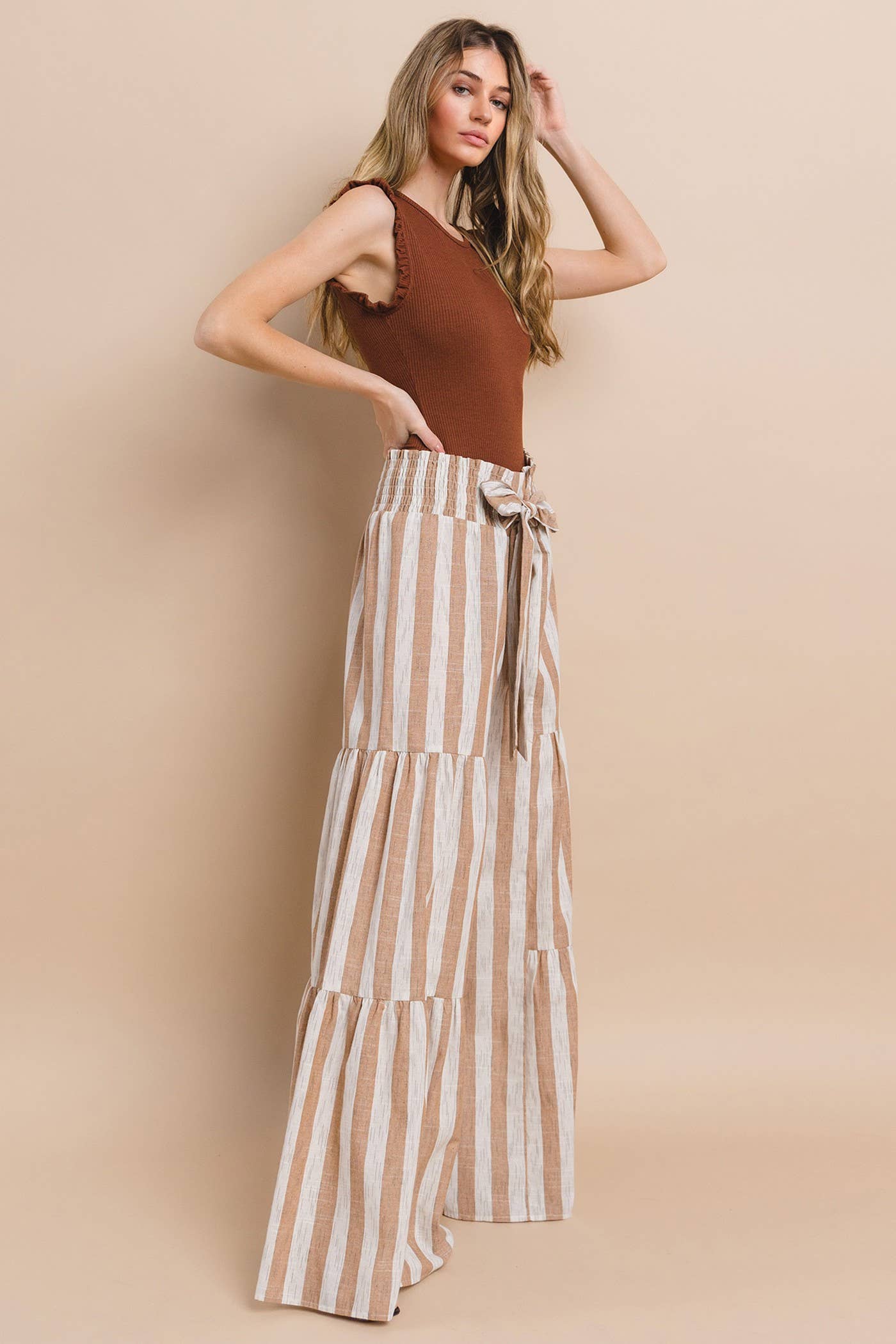 STRIPED LINEN PALAZZO PANTS - TAUPE 2314: NATURAL/TAUPE / L