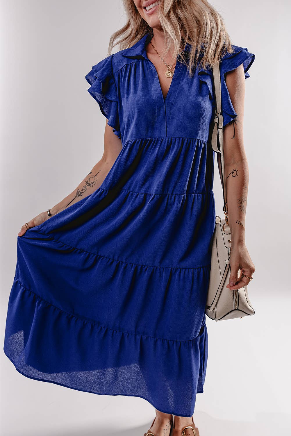 Ruffled Short Sleeve Collared V Neck Tiered Midi Dress