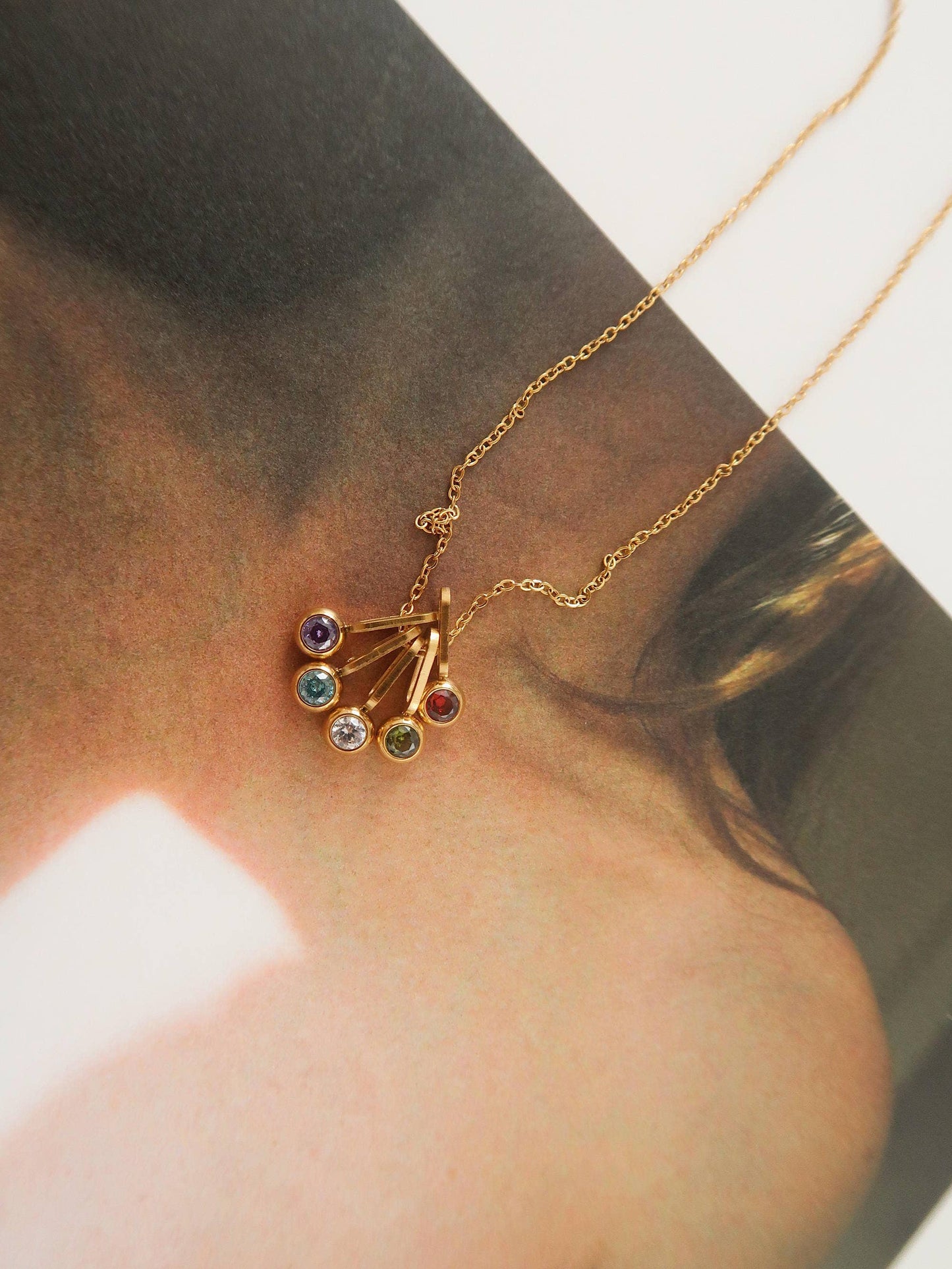 Reyna 18K Gold Non-Tarnish Five Stone Charm Necklace: Multi-Colored