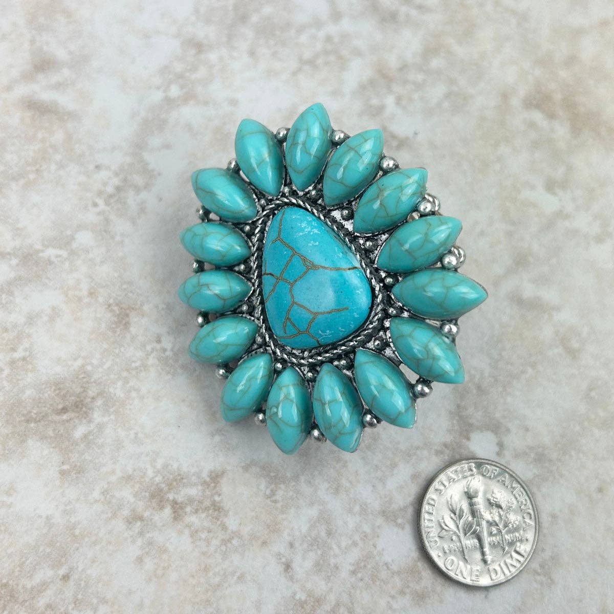 RGY220430-01-BLUE Silver with blue turquoise stone concho stretch Ring