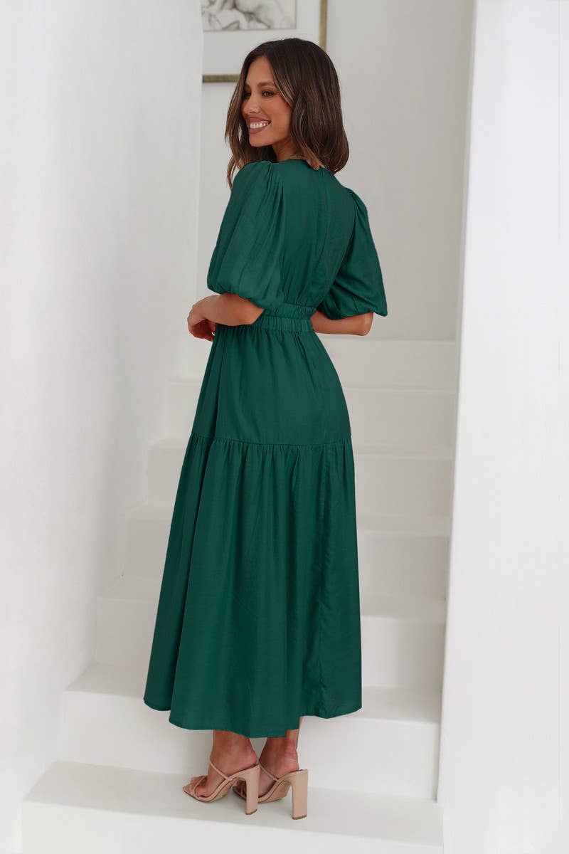 SOLID COLOR DARK V LANTERN SLEEVE DRESS