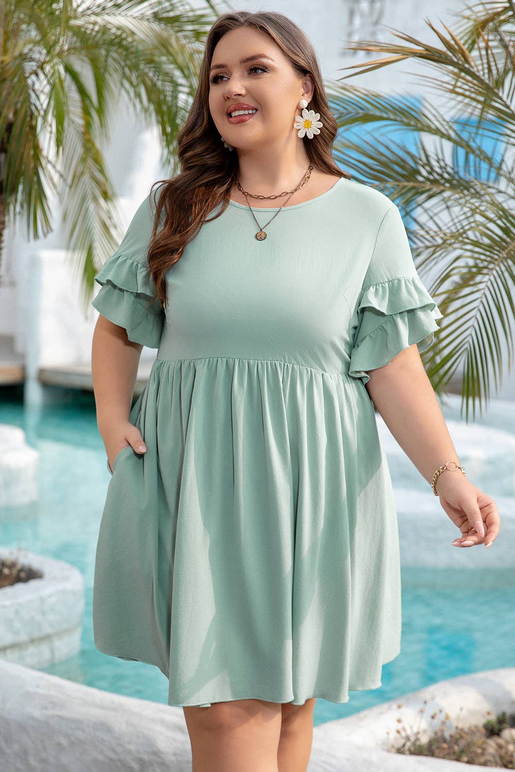 Plus Size Grass Green Ruffle Trim Short Sleeve Flared Mini Dress