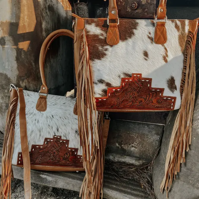 Womens Cowhide and Tooled Leather Fringe Tote Purse